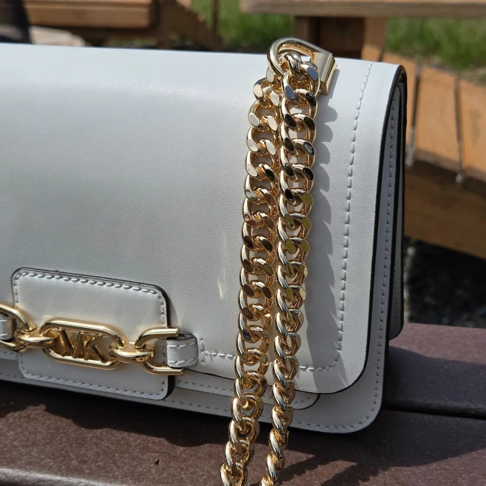 Michael Kors White Heather Logo Crossbody Bag Gold Chunky Chain Hardware - Picture 5 of 16